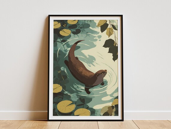 Tranquil River Otter Floating Print Midcentury Modern Wildlife Art Calm Waters Nature Illustration Peaceful Animal Wall Decor Poster