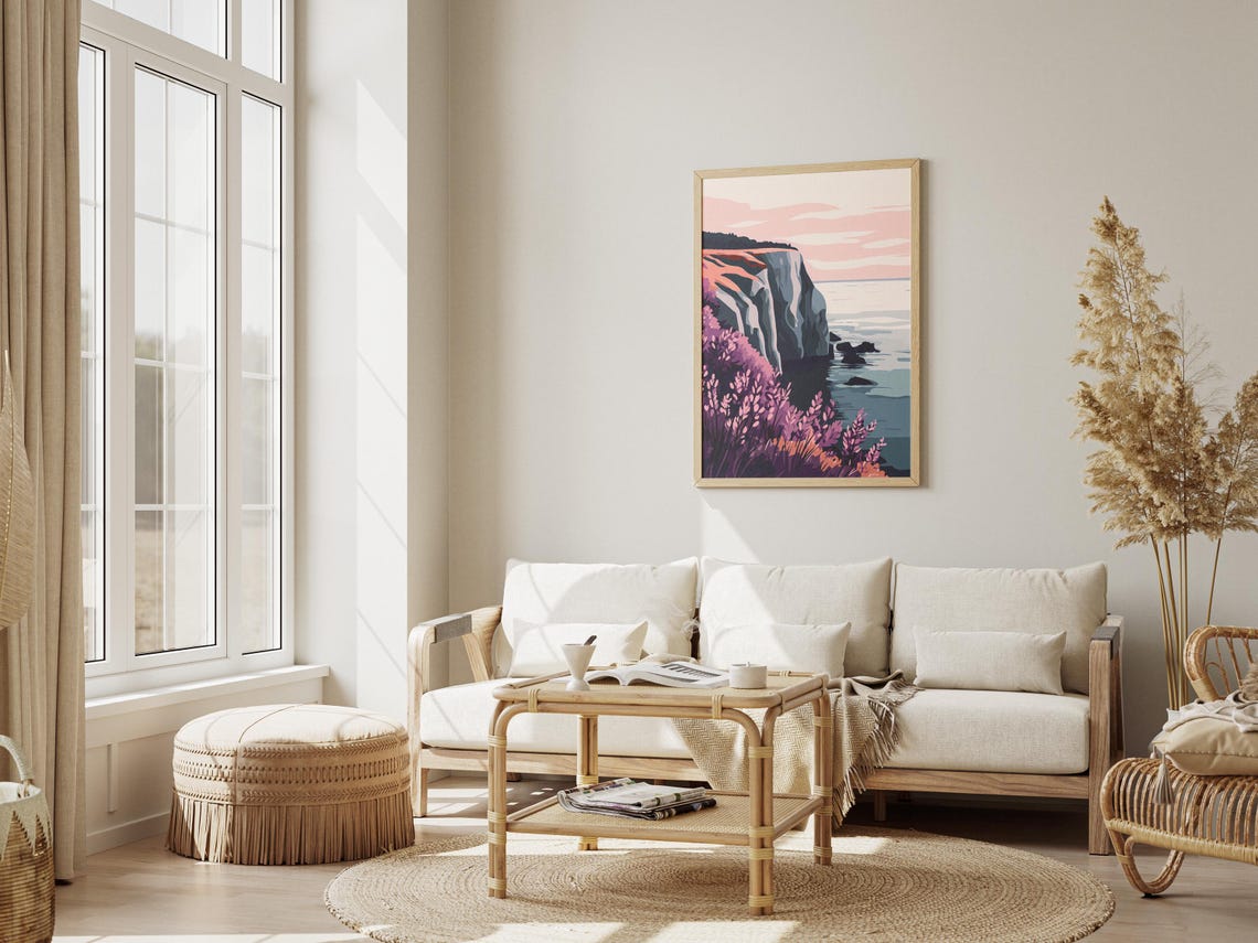 Coastal Cliff at Sunset with Purple Wildflowers and Ocean View Poster - Image 3