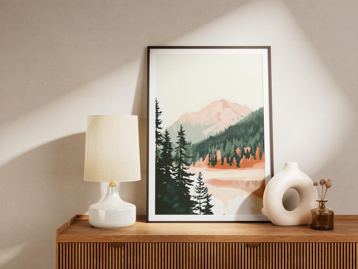 Pink Peak Rising Above Pine Forest And Quiet Lake Landscape Poster - Image 5