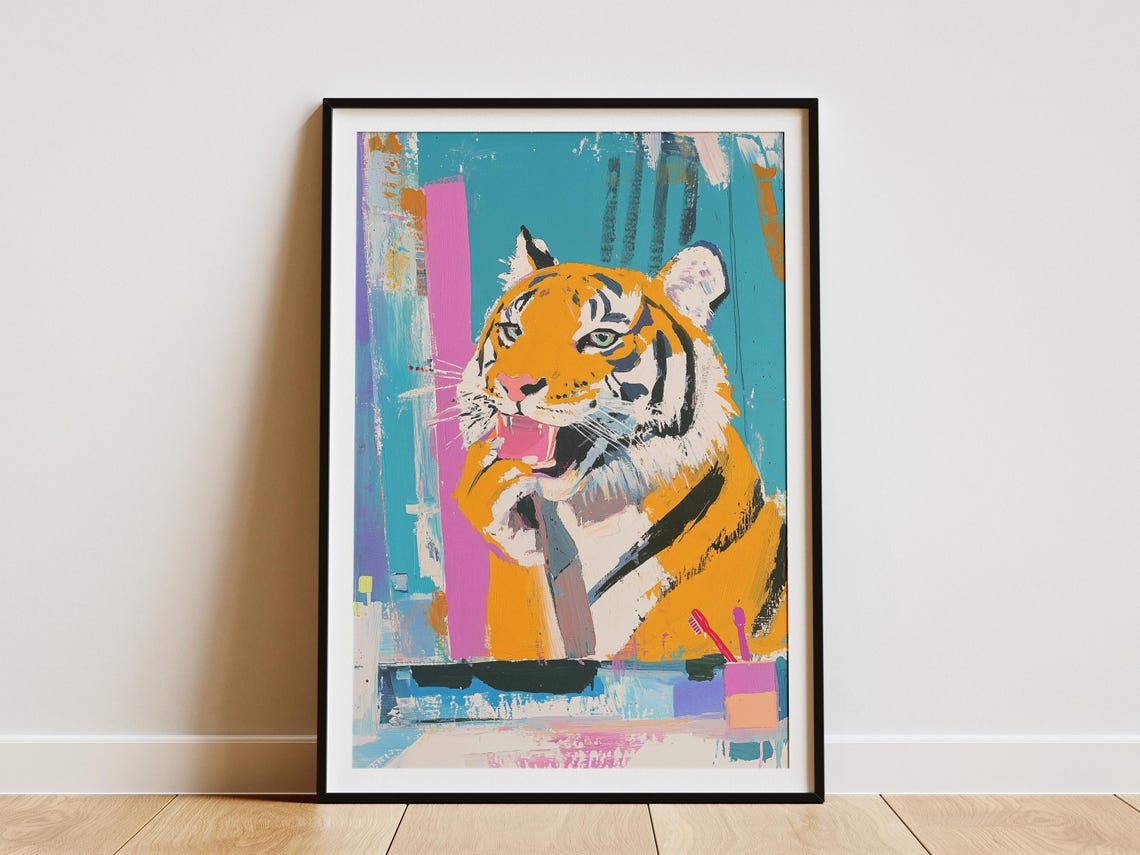 Tiger Brushing Teeth Colorful Abstract Pastel Bathroom Poster