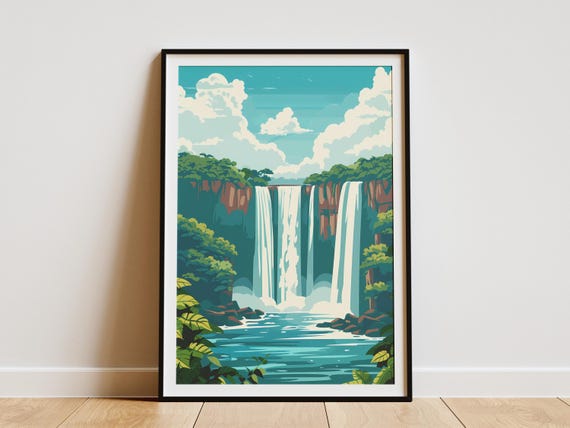 Iguazu Falls Argentina Brazil Poster Minimalist Waterfall Print Travel Art Landscape Illustration