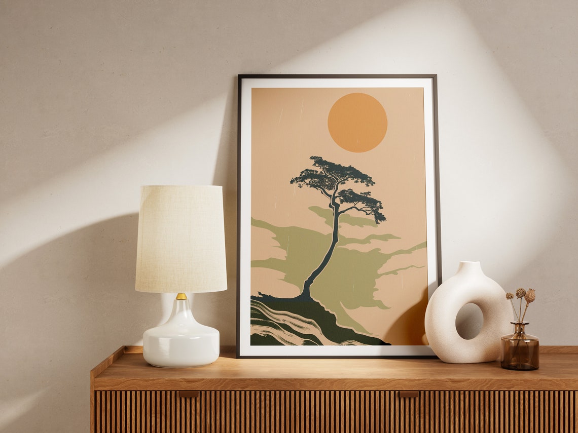 Lone Tree Hill Golden Sun Minimalist Japanese Inspired Art Print - Image 2