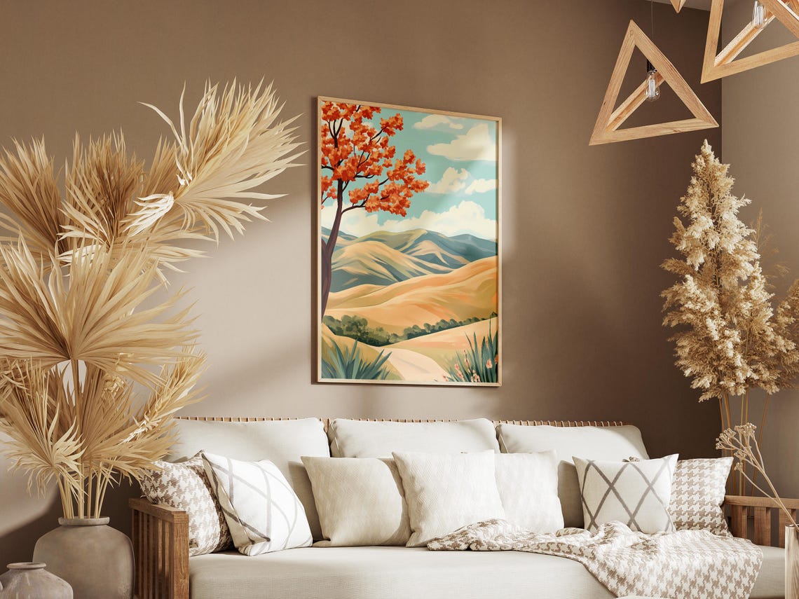 Orange Blossom Tree Over Golden Rolling Hills Landscape Poster - Image 3