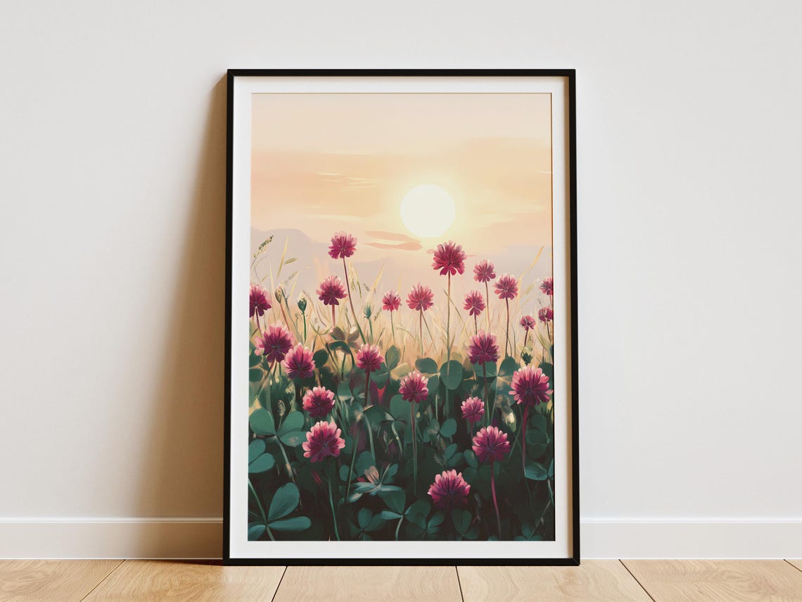Red Clover Blossoms Soft Sunrise Meadow Warm Glowing Flower Poster