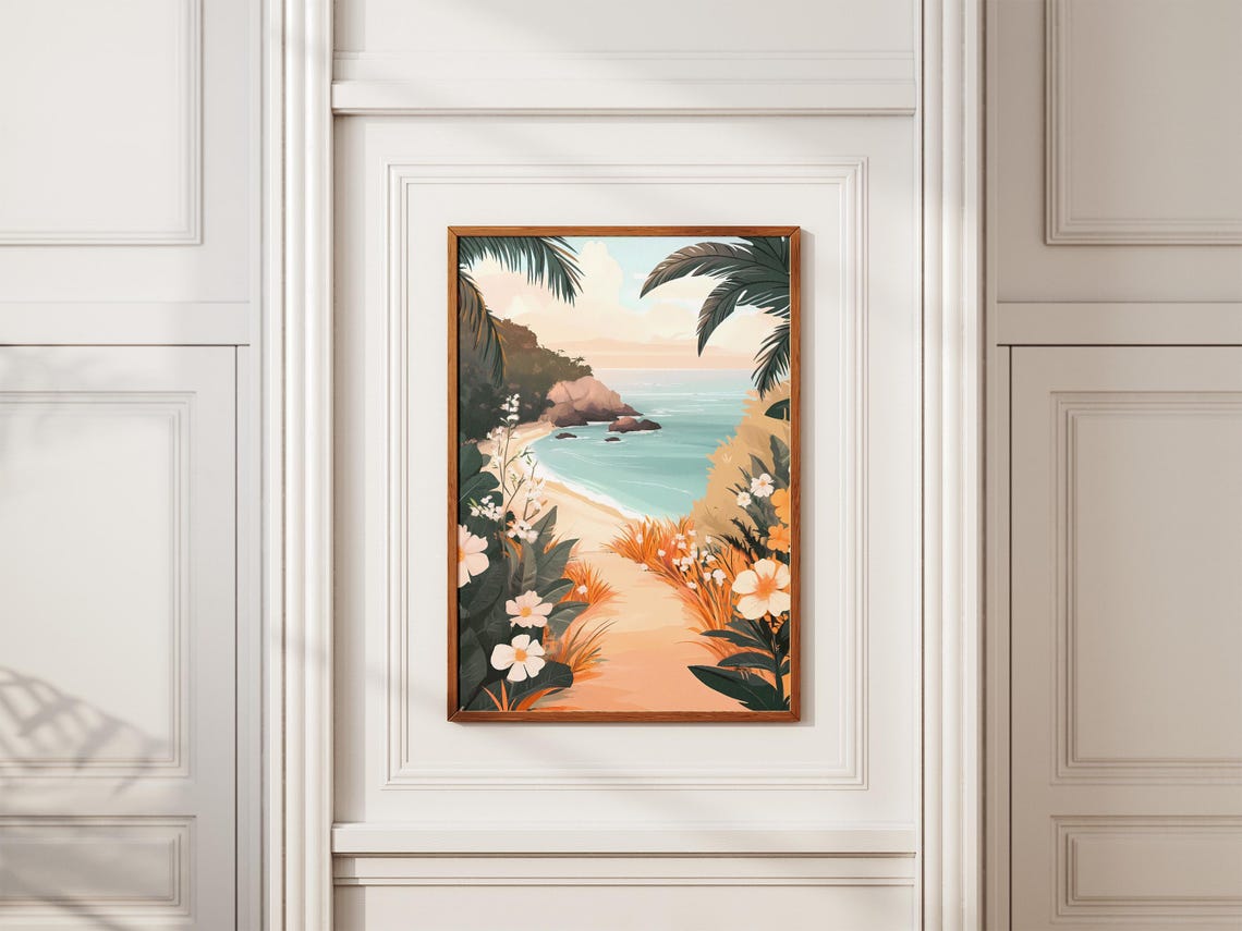 Tropical Beach Path White Flowers Palm Trees Illustration Poster - Image 2