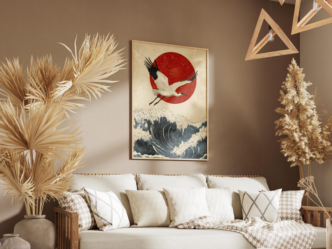 Japanese Red Crowned Crane Flying Over Red Sun Ocean Wave Art Poster - Image 3