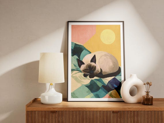 Siamese Cat Sleeping Art Print Abstract Matisse Style Animal Wall Decor Peaceful Feline Lover Gift For Bedroom Or Nursery Modern Pet