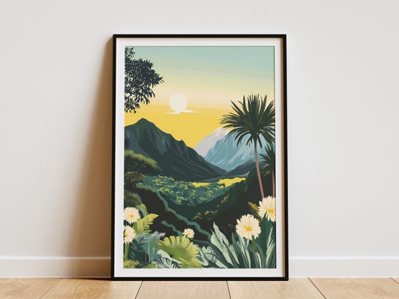 Yellow Sunset Mountain Landscape Posternature Art Printtropical Plantsfloral Illustrationboho Decormodern Wall Arthome Decoroffice