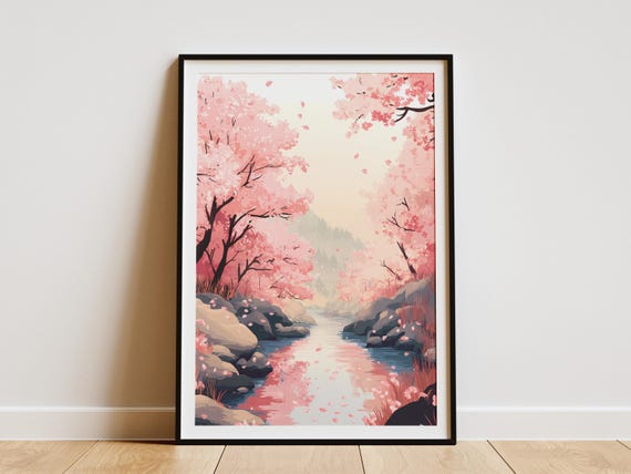 Tranquil River Cherry Blossoms Pink Spring Nature Art Print Japanese Garden Pastel Flower Wall Decor Home