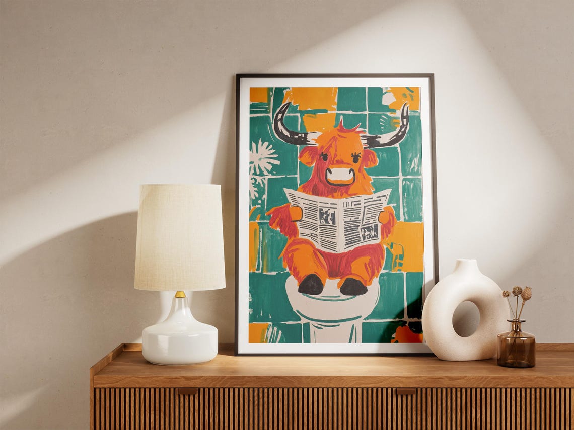 Funny Red Highland Cow Reading Newspaper On Toilet Cow Poster - Image 5