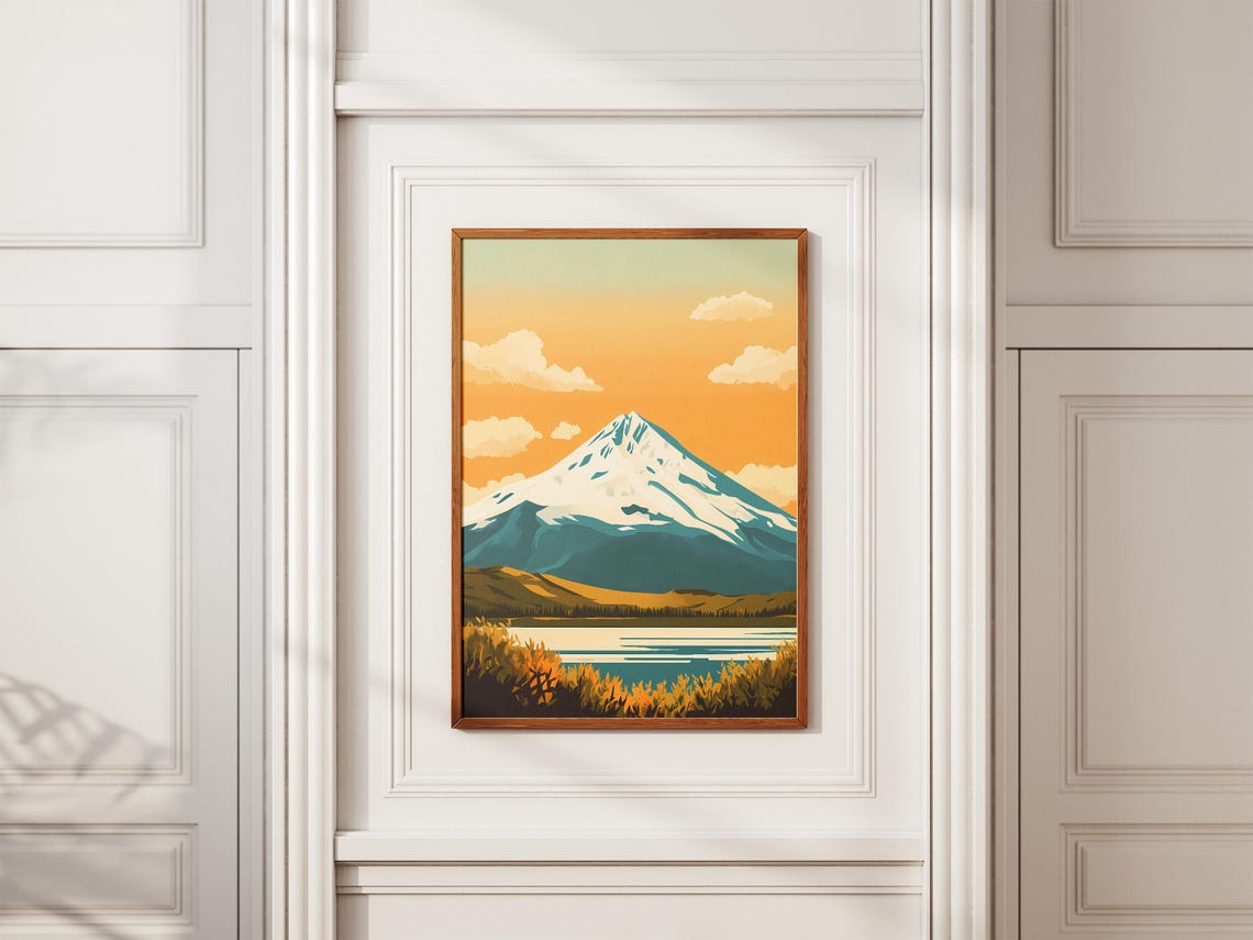 Snow Capped Mountain at Golden Sunset Lake Reflection Poster - Image 2
