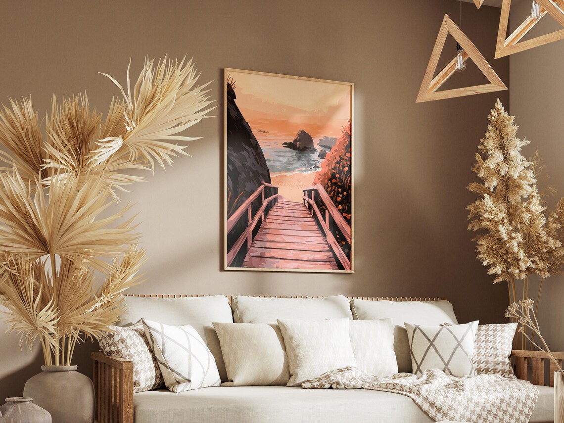 Pink Sunset Wooden Boardwalk Stairway Down to the Ocean Poster - Image 3