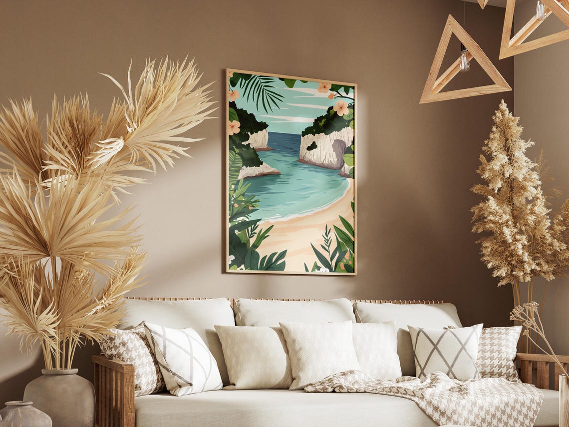 Tropical Beach Cove Between Limestone Cliffs Flower Border Poster - Image 3