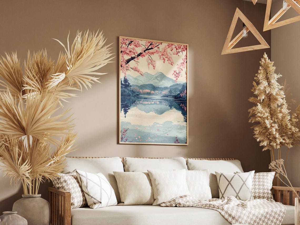 Cherry Blossom Branches Over Mountain Lake Reflection Art Poster - Image 3