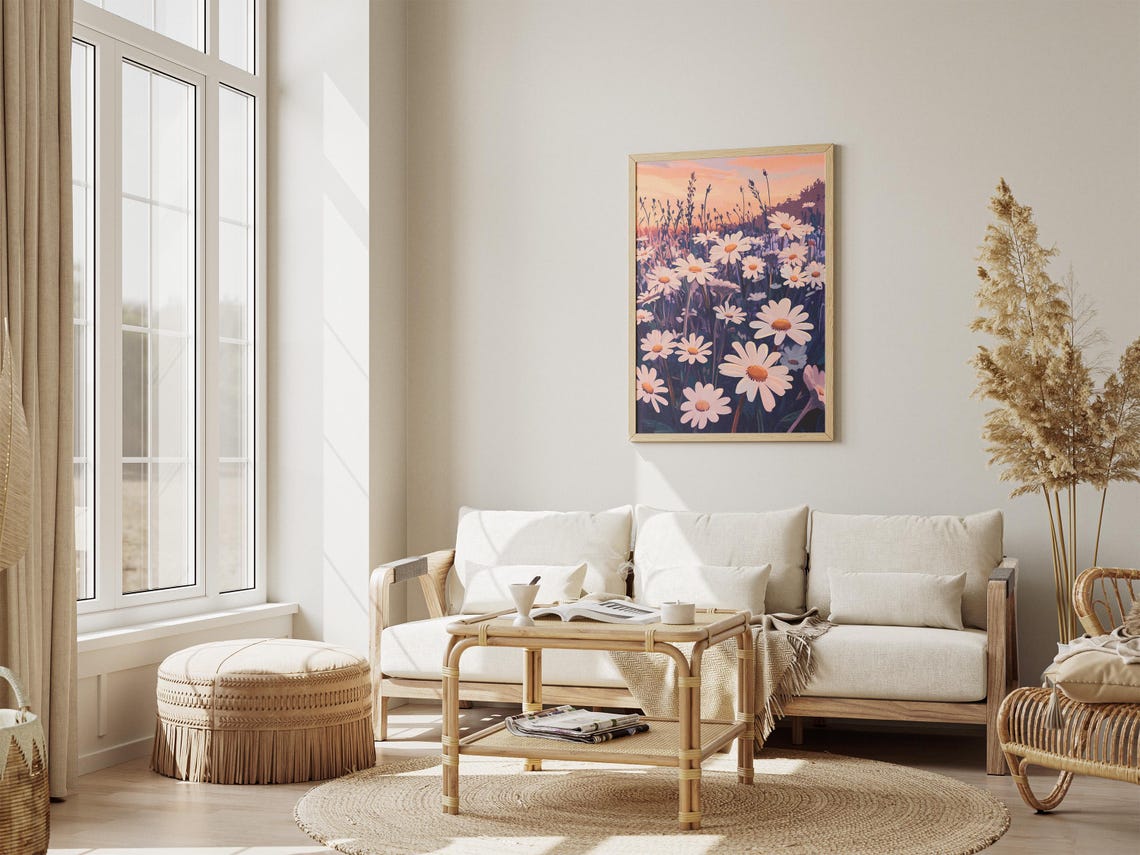 White Daisies at Twilight Beneath a Pink Sunset Sky Art Poster - Image 4