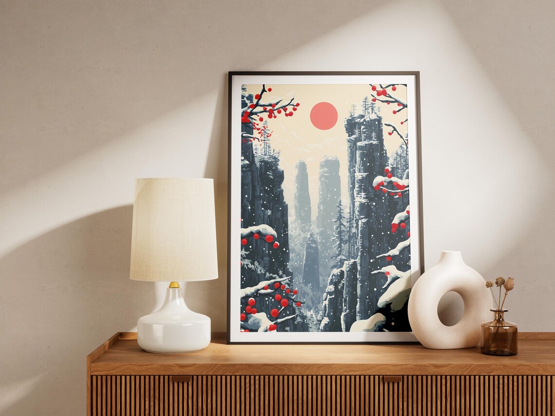 Zhangjiajie Snowy Stone Pillars Red Berries Winter Travel Poster - Image 5
