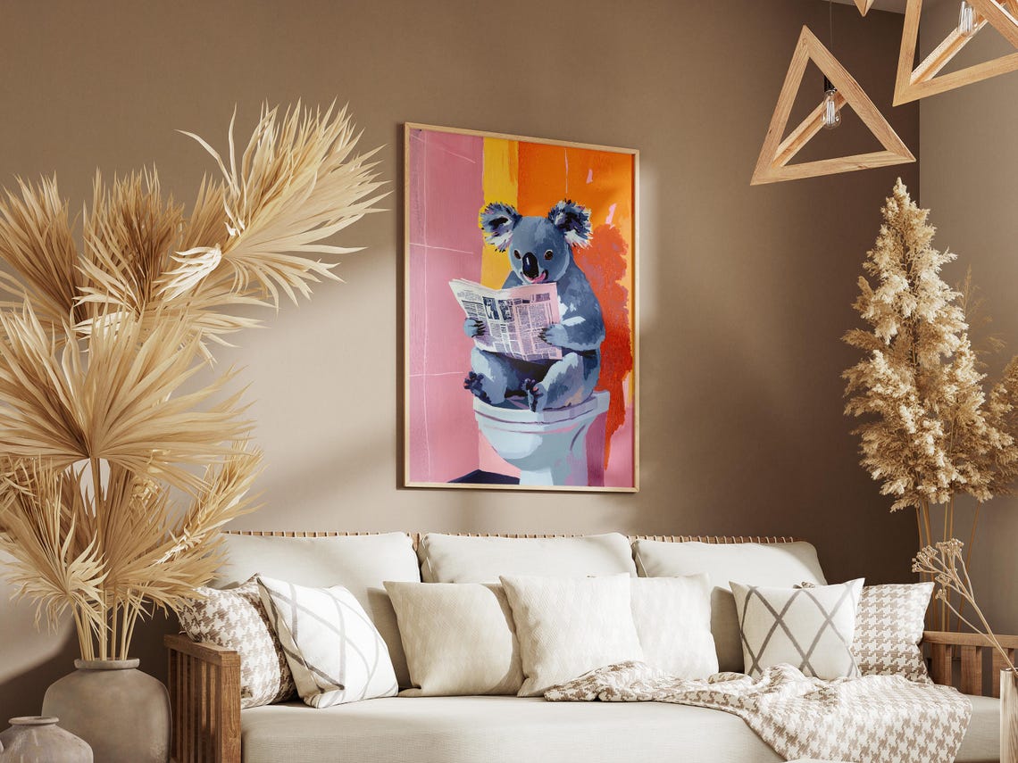 Adorable Koala Reading Newspaper On Toilet Pink Bathroom Poster - Image 3
