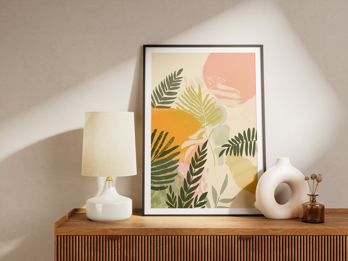 Minimalist Botanical Green Leaves, Mid-Century Art Print - Image 2