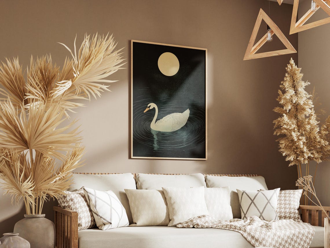 White Swan Gliding on Dark Water Under Full Moon Night Art Poster - Image 3