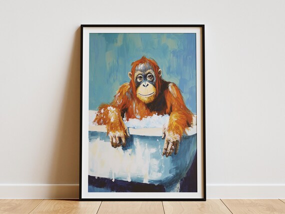 Orangutan In A Bathtub Funny Animal Art Print Cute Orangutan Poster Bathroom Decor Modern Animal Painting Whimsical Ape Illustration Unique