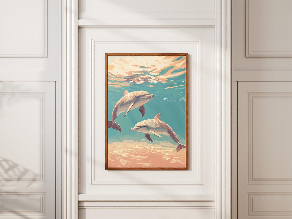 Two Playful Dolphins Swimming in a Pastel Turquoise Ocean Poster - Image 2
