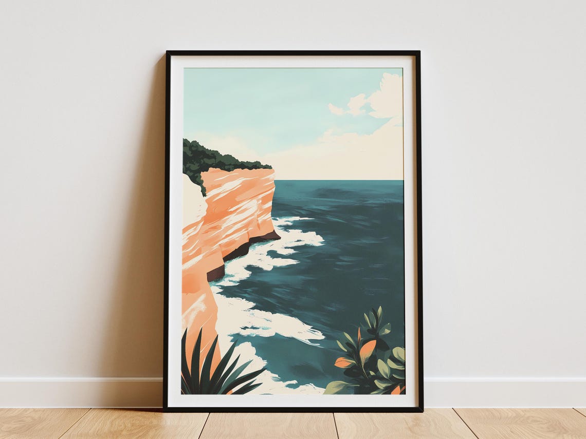 Peach Sea Cliffs Over Teal Ocean Waves Coastal Landscape Poster