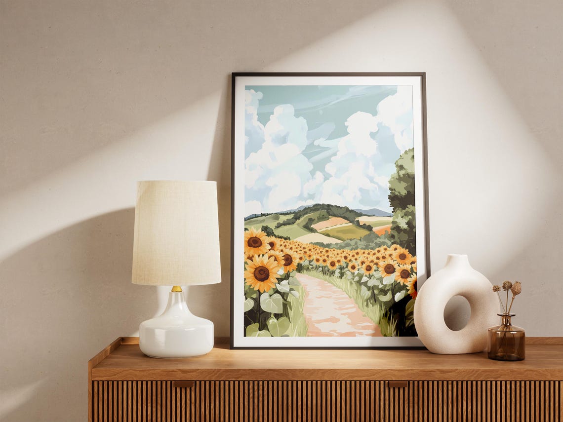 Sunflower Field Path Through Rolling Green Hills Summer Poster - Image 5