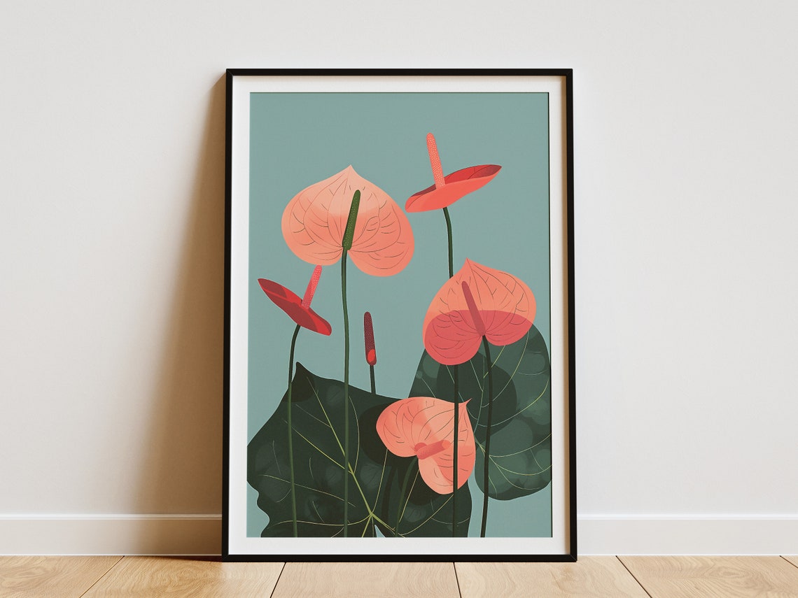 Coral Anthurium Flowers Teal Background Botanical Art Poster