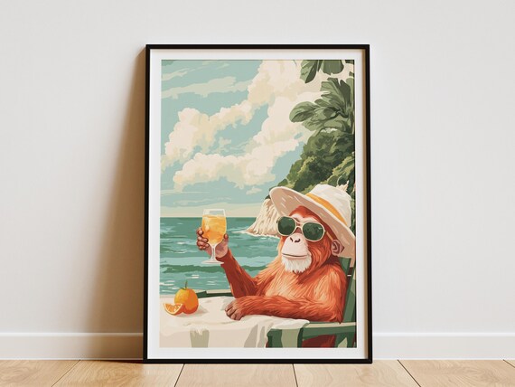 Orangutan In Sunglasses And Sun Hat Toasting Cocktail Sea Poster