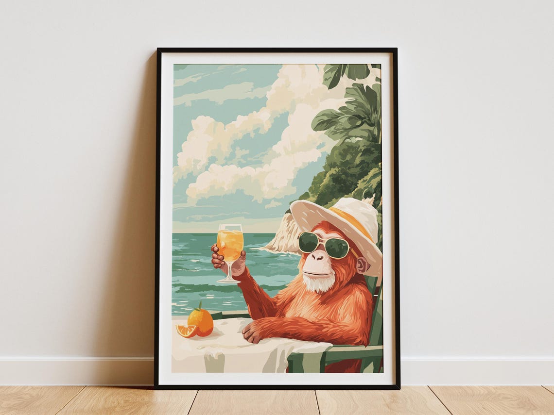 Orangutan In Sunglasses And Sun Hat Toasting Cocktail Sea Poster