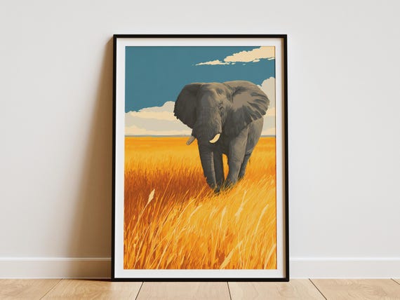 Majestic Elephant Golden Grasslands Poster Print Safari Animal Wall Art African Wildlife Decor Nature Lover Gift Modern Minimalist Fine