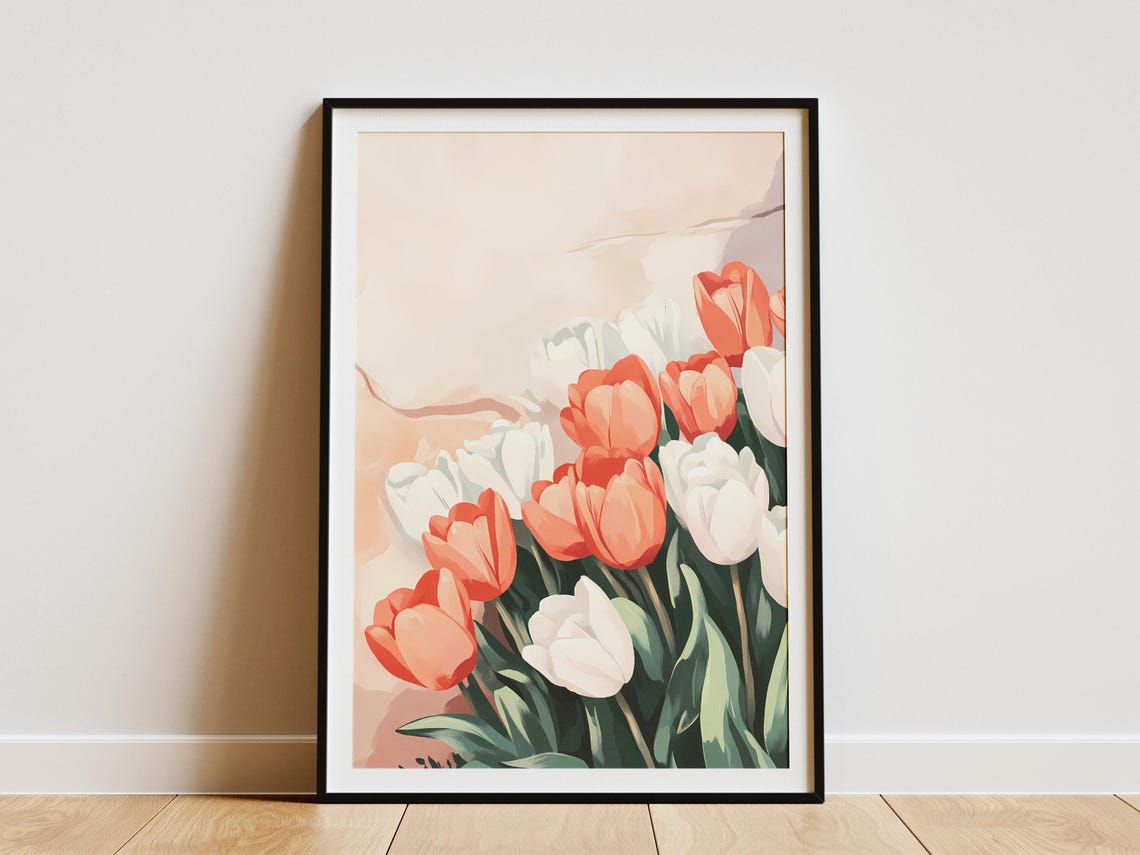 Romantic Coral And White Tulips Spring Garden Floral Art Poster
