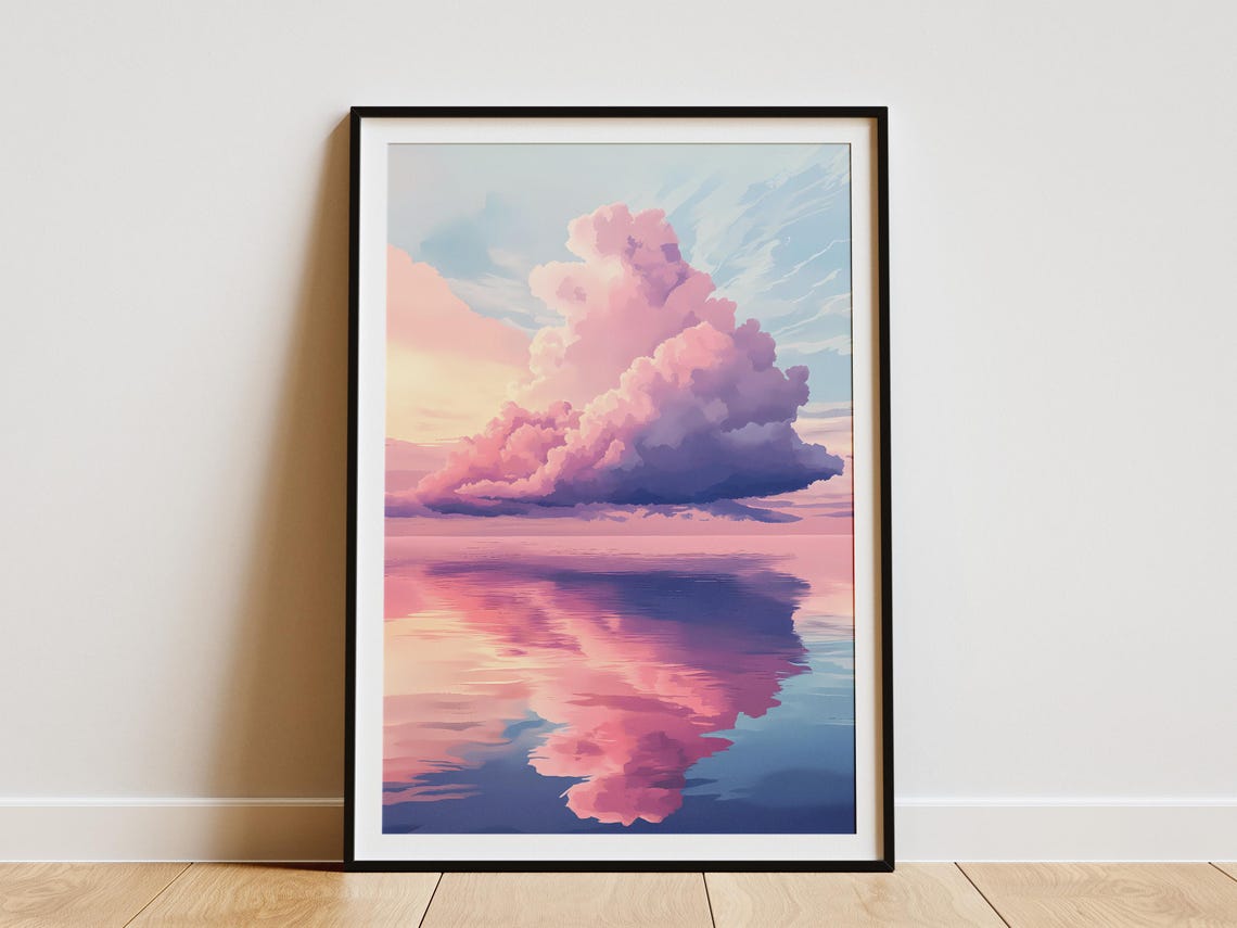 Pink Clouds Reflection Poster Dreamy Sky Art For Calm Home Wall Decor