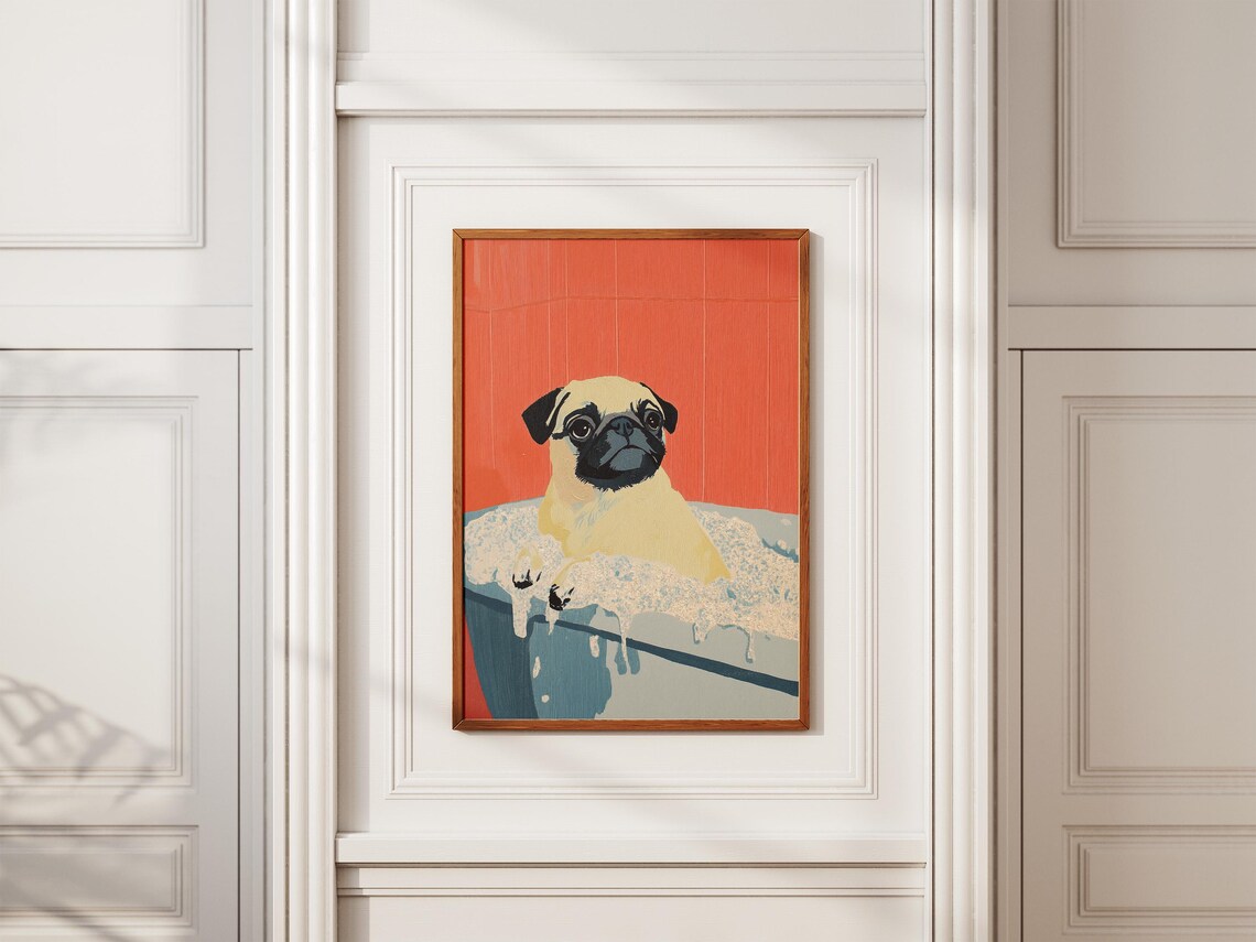 Pug Puppy Bubble Bath Bold Red Retro Illustration Art Poster - Image 2