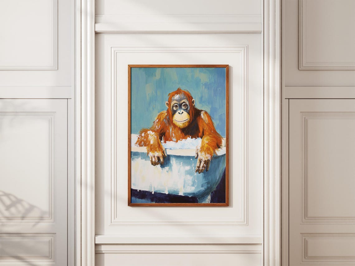 Cheerful Orangutan Soaking In Blue Bubble Bath Fun Animal Poster - Image 2