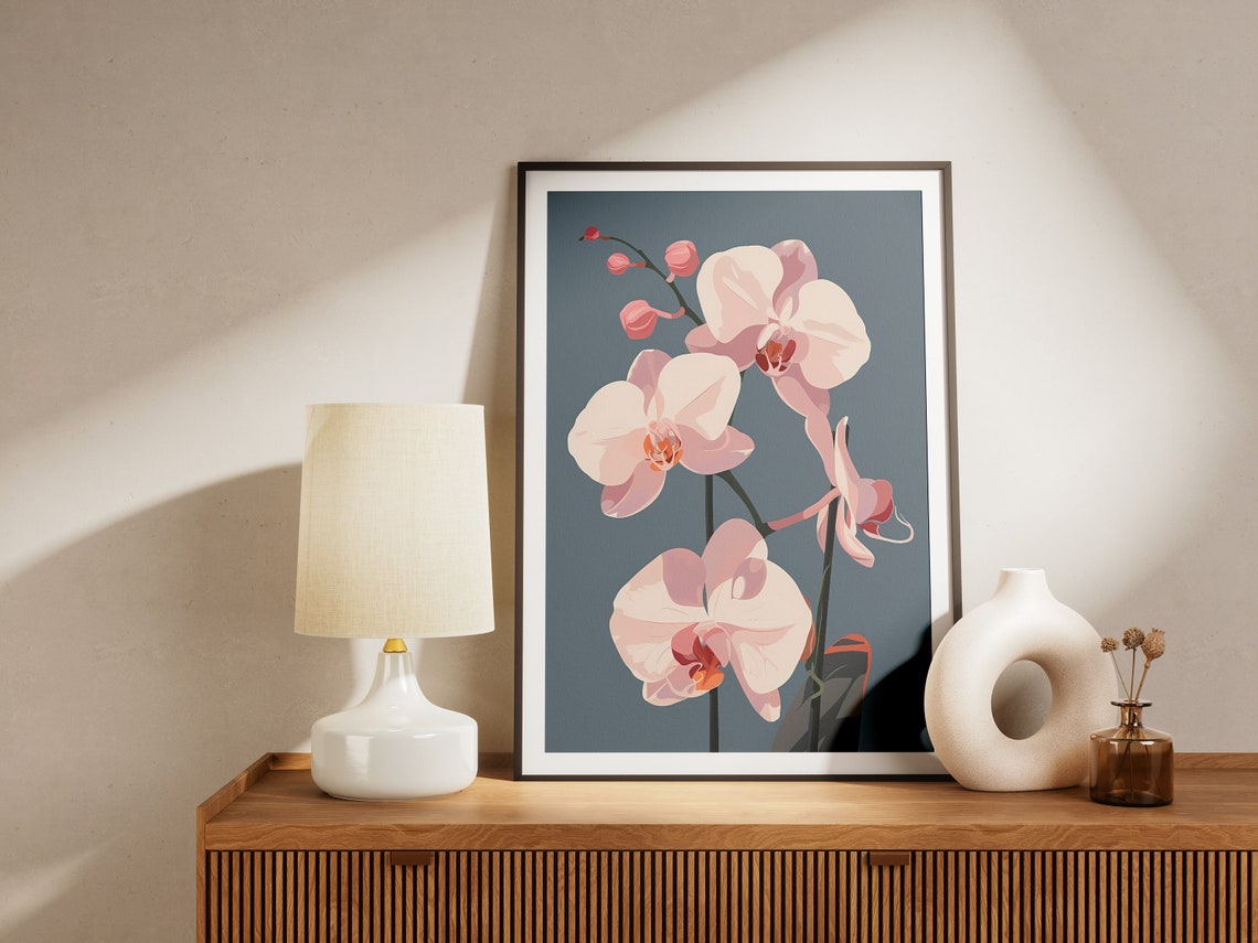 Elegant Pink Orchid Blossoms Slate Blue Modern Floral Poster - Image 2