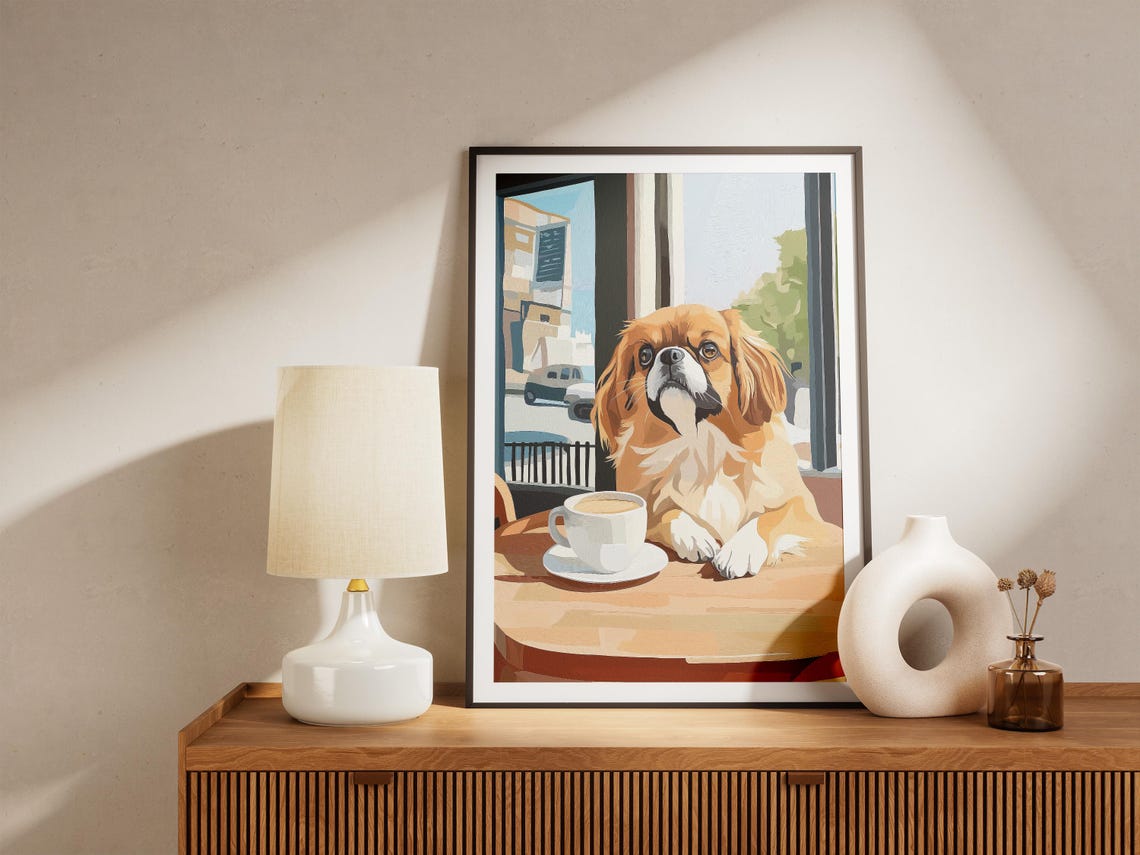 Pekingese at a Cafe Window Table with Steaming Coffee Poster - Image 4