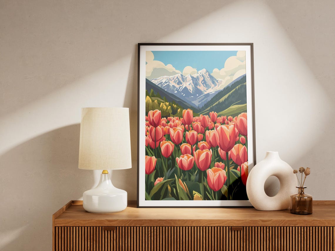 Red Tulip Field Snow Capped Mountain Peak Spring Landscape Poster - Image 4