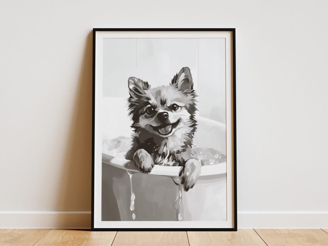 Joyful Happy Pomeranian Puppy Bubble Bath Cute Minimalist Poster