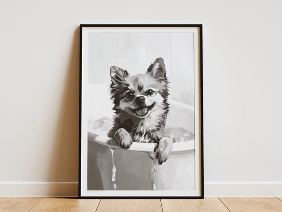 Pomeranian Dog Art Print Bathtub Bubble Bath Poster Cute Puppy Wall Lover Gift Bathroom Decor Funny