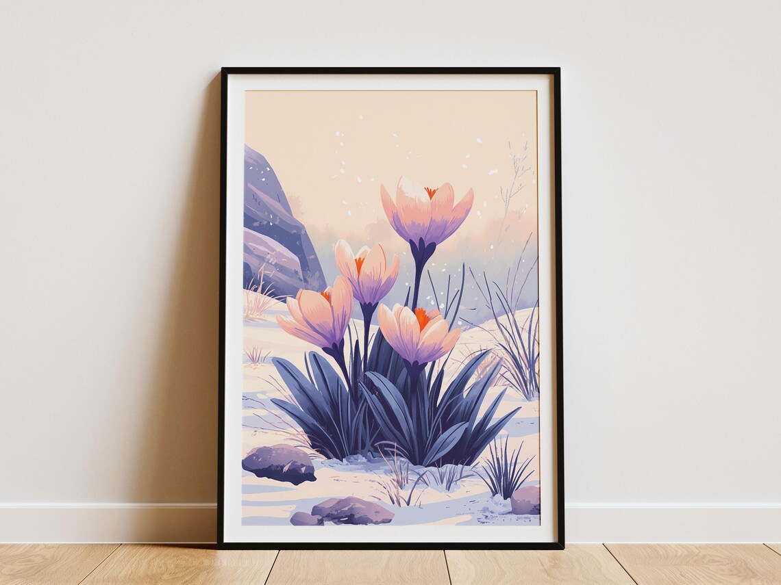 Spring Crocus Flowers, Botanical Pastel Art Print