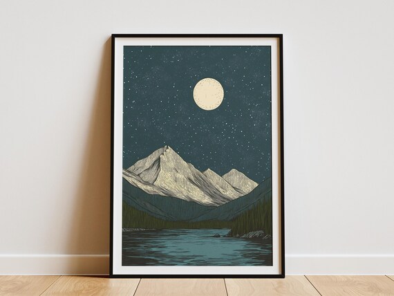 Gates of the Arctic Alaska Moonlit Snowy Peak Lake Starry Night Art Poster