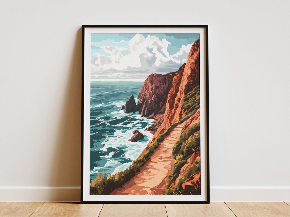 Red Rock Cliffside Trail Above Turquoise Ocean Illustration Poster