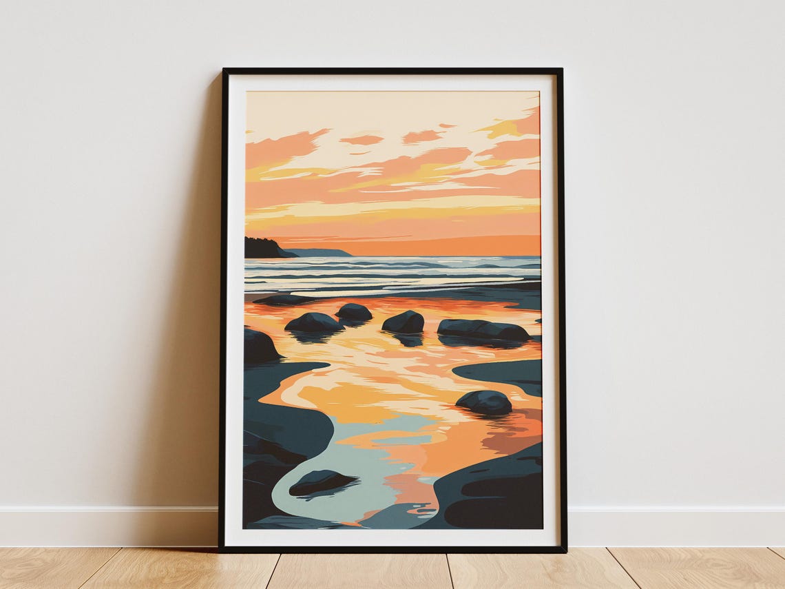 Sunset Tidal Pools Orange Teal Minimalist Coastal Illustration Poster