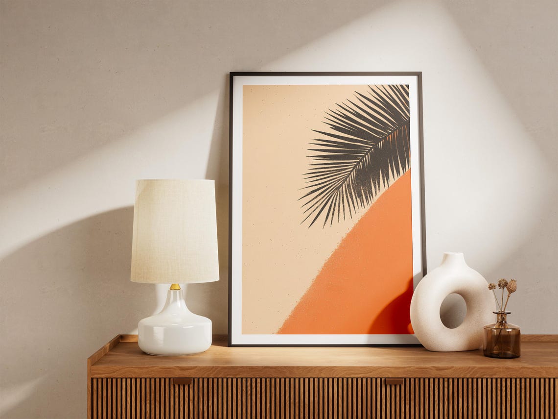 Orange Beach and Black Palm Frond Minimalist Tropical Poster - Image 5