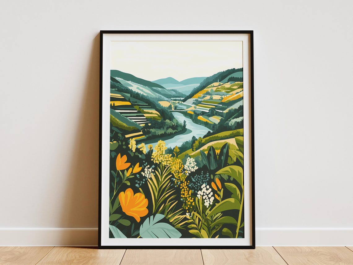 Mosel Valley Germany River Vineyards Wildflowers Vintage Decor Poster