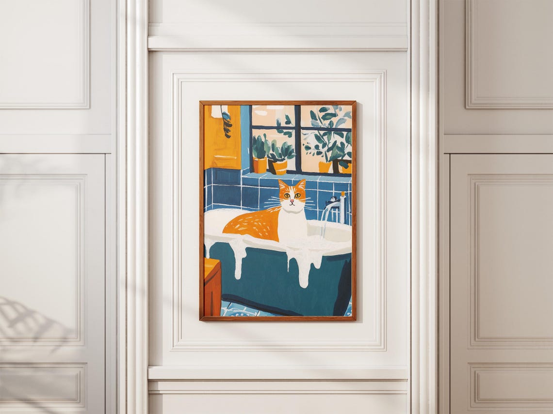 Orange Cat in Bubble Bath Blue Bathroom Funny Cat Portrait Poster - Image 2