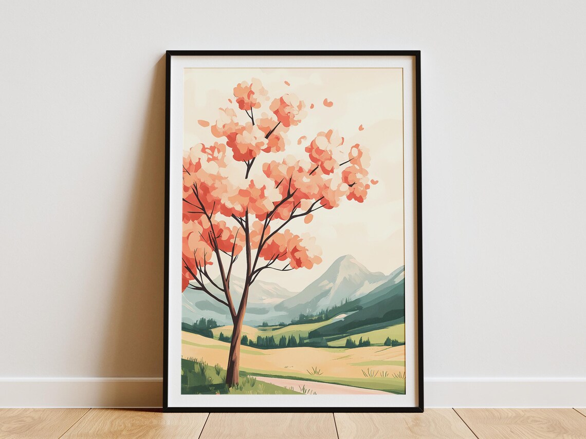 Coral Blossom Tree Standing in a Green Mountain Meadow Poster