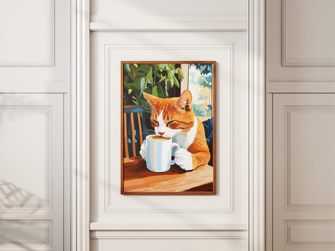 Orange Tabby Cat Drinking Coffee Sunny Cafe Table Art Poster - Image 2