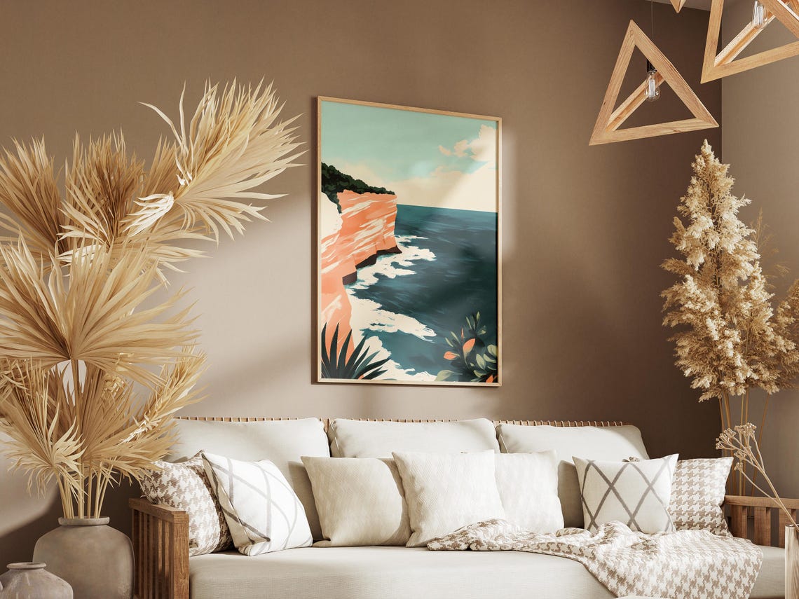 Peach Sea Cliffs Over Teal Ocean Waves Coastal Landscape Poster - Image 3